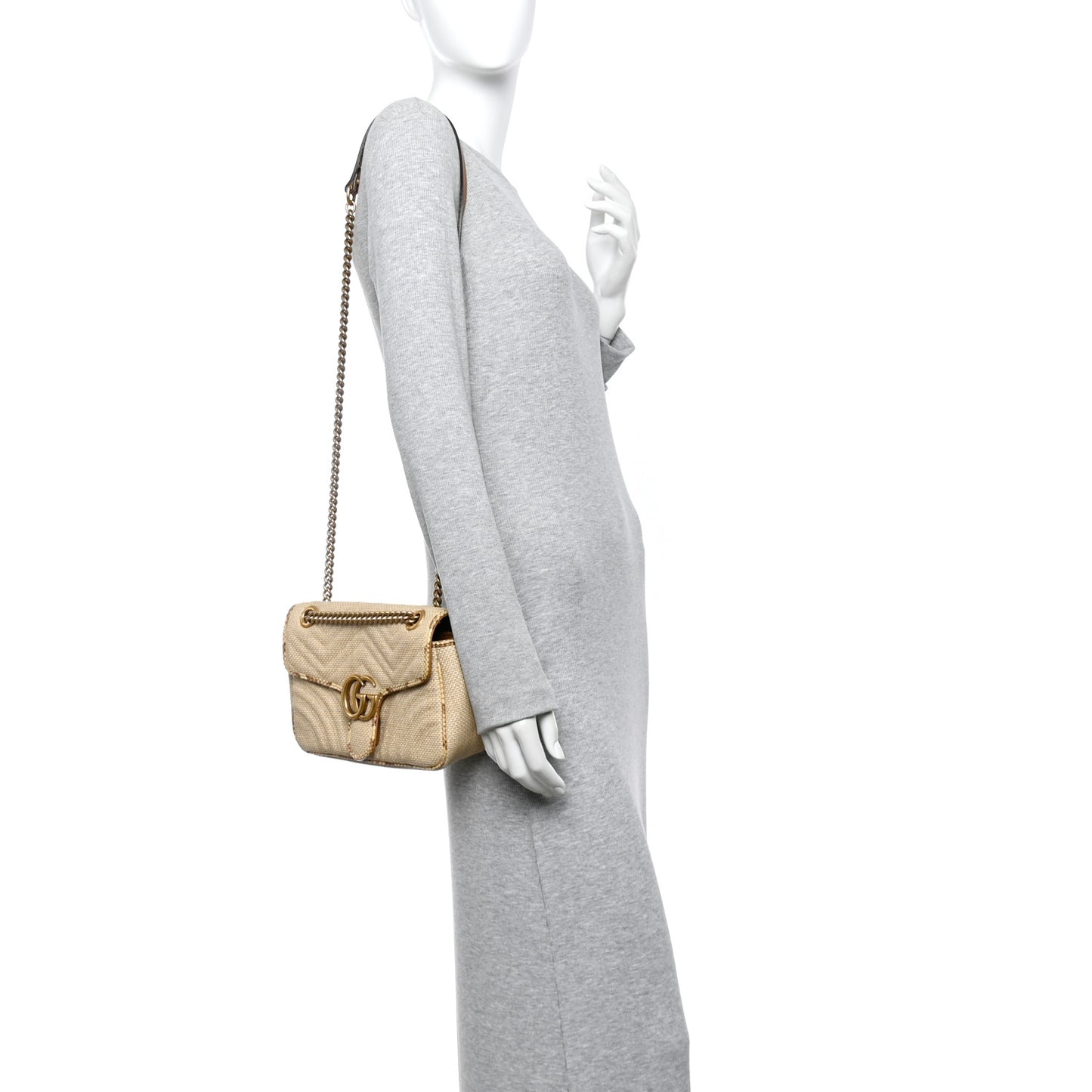 Raffia Elaphe Matelasse Small GG Marmont Shoulder Bag Natural Cream Brown