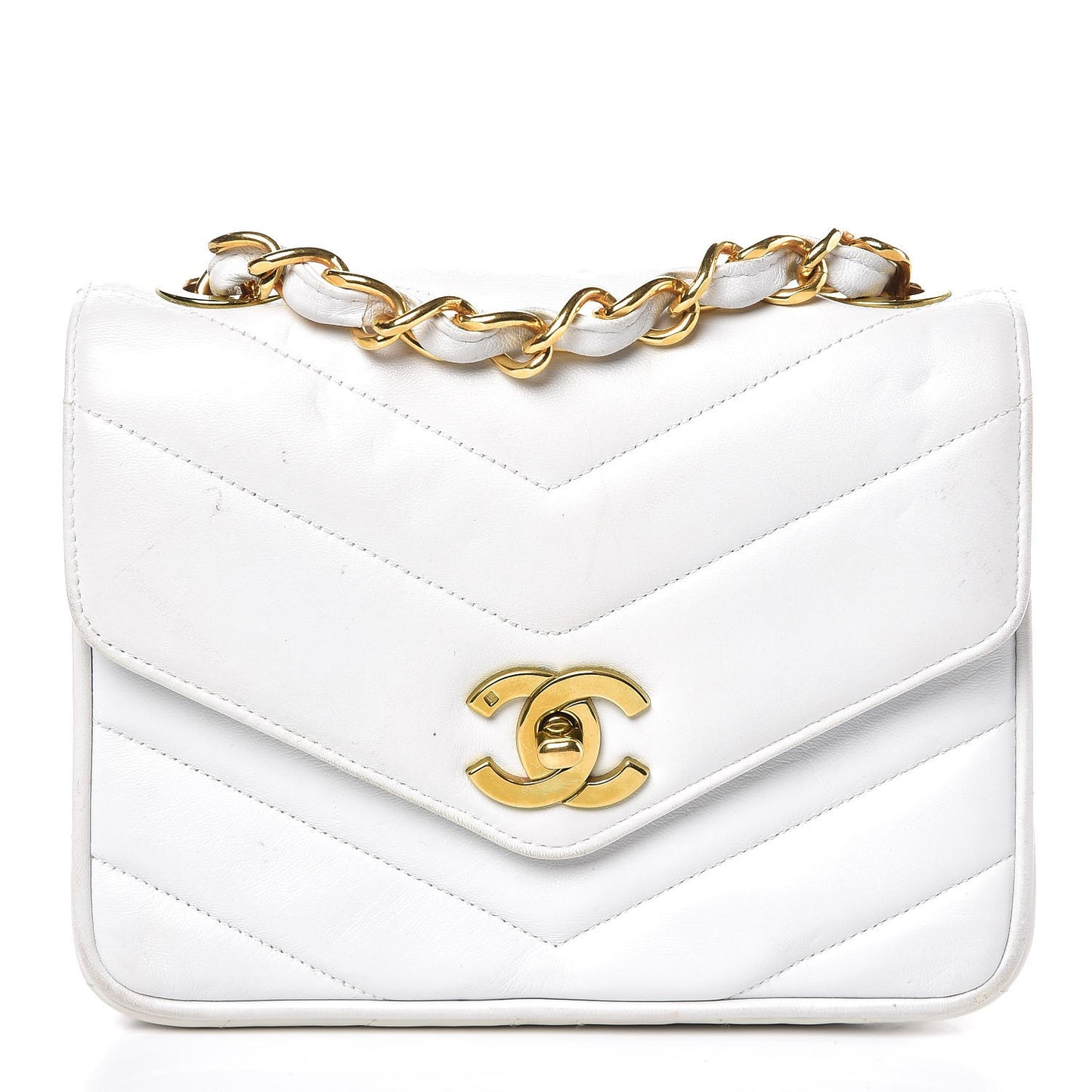 Lambskin Chevron Quilted Mini Square Flap White