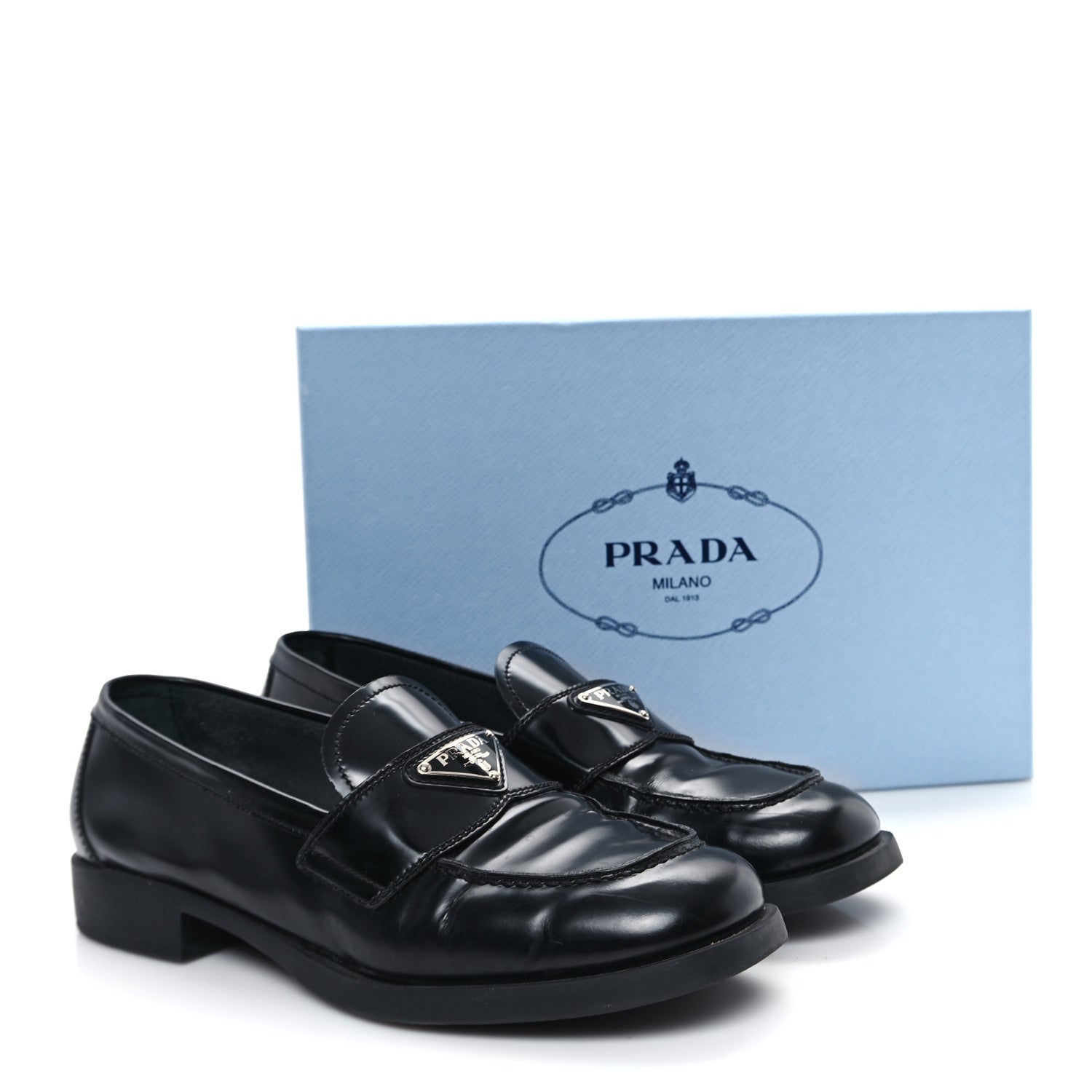 Prada Spazzolato Metal Triangle Logo 20mm Loafers 39.5 Black 11 of 11