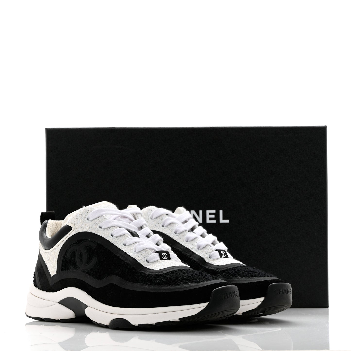 Tweed Suede Calfskin CC Sneakers 39 Black White