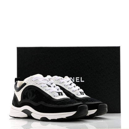 Chanel Tweed Suede Calfskin CC Sneakers 39 Black White 9 of 9