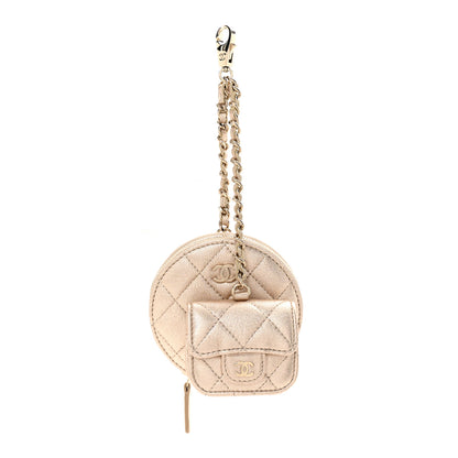 Chanel Metallic Lambskin Quilted Round Clip On Coin Purse Airpods Case Gold 1 of 8