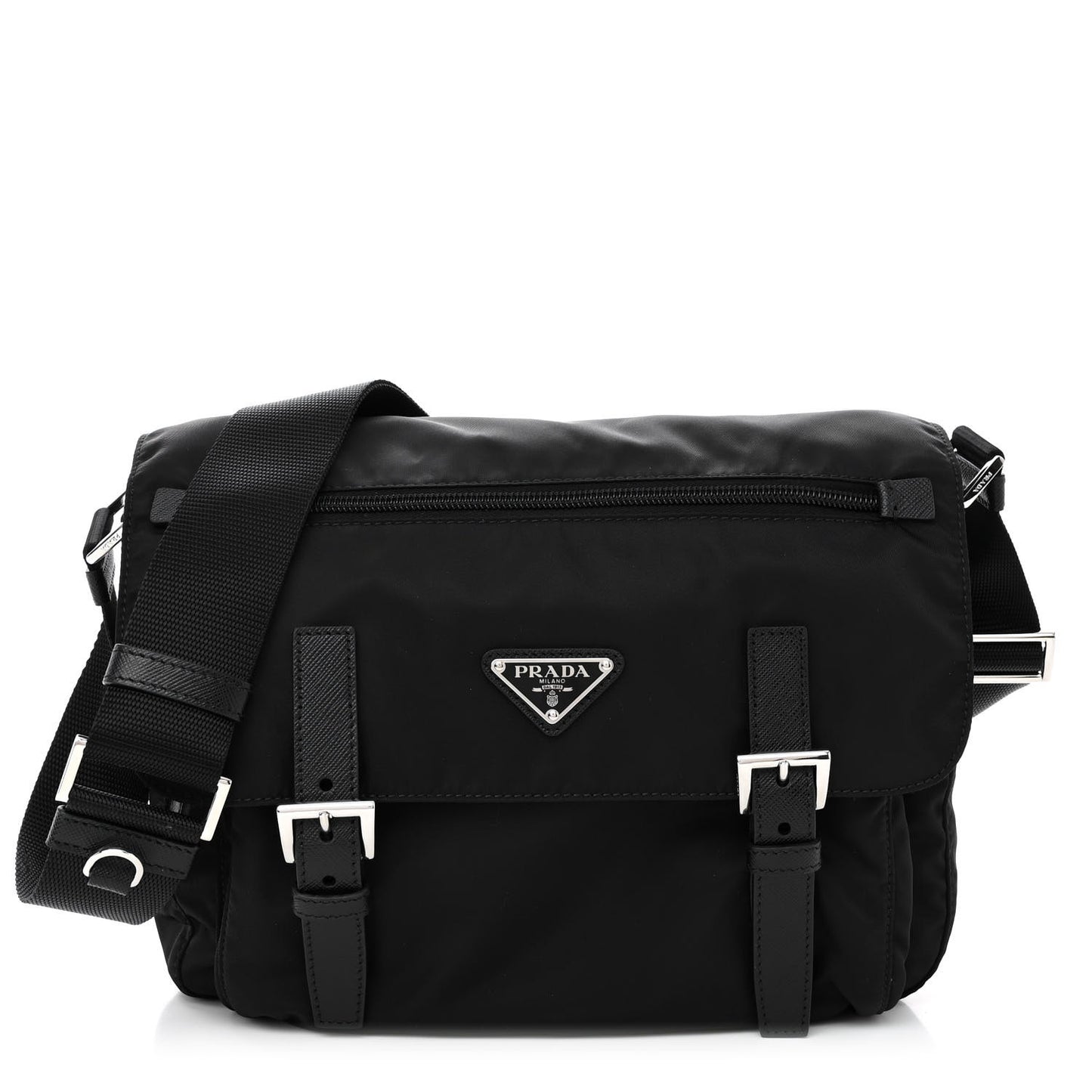Re-Nylon Vela Saffiano Pocket Double Buckle Messenger Shoulder Bag Black