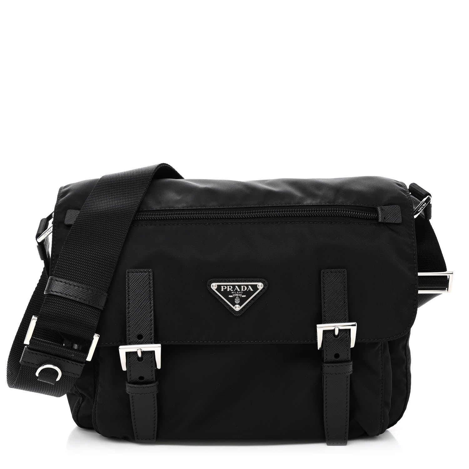 Prada Re-Nylon Vela Saffiano Pocket Double Buckle Messenger Shoulder Bag Black 1 of 11