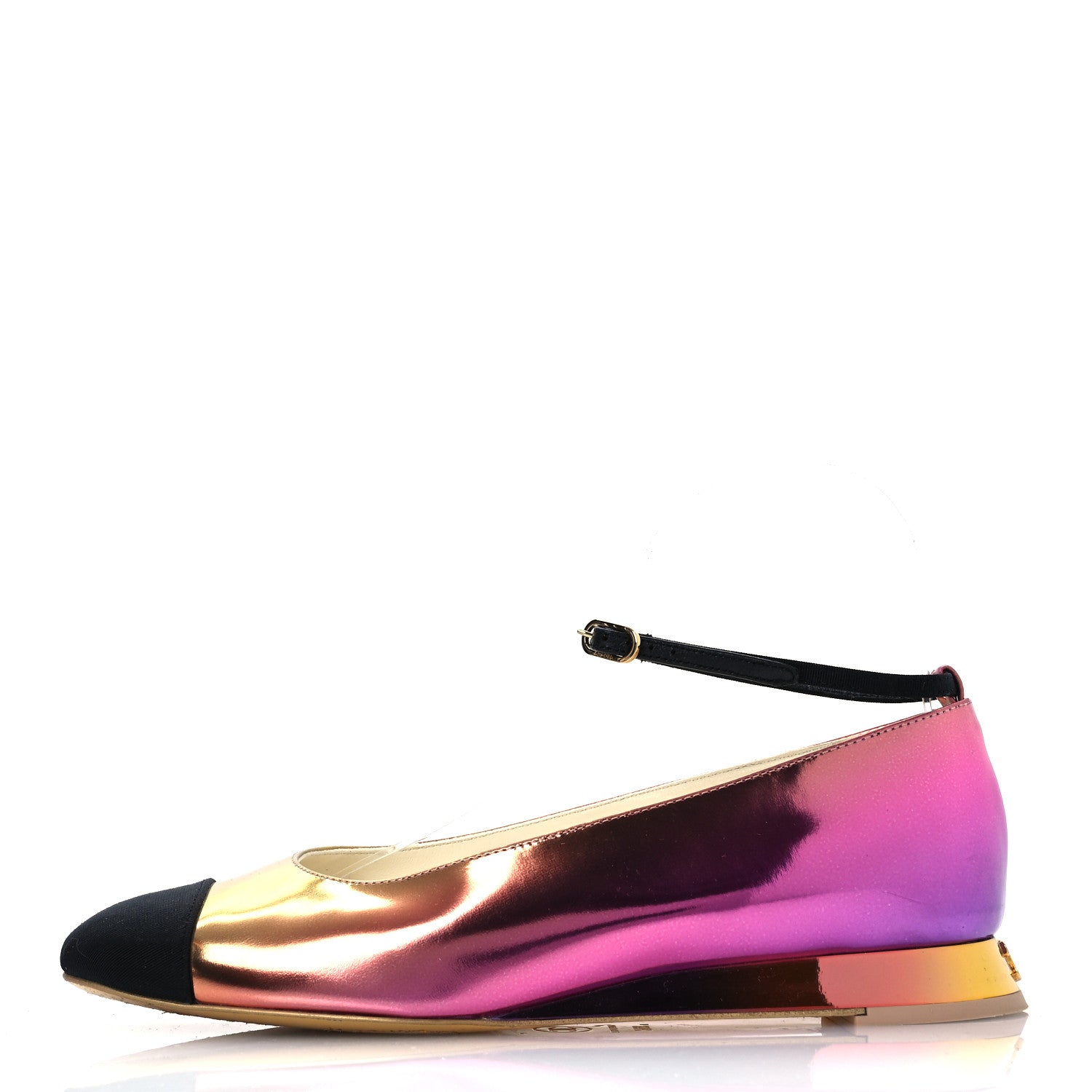 Chanel Laminated Calfskin Grosgrain Cap Toe CC Flats 36.5 Pink Orange Yellow Black 1 of 12