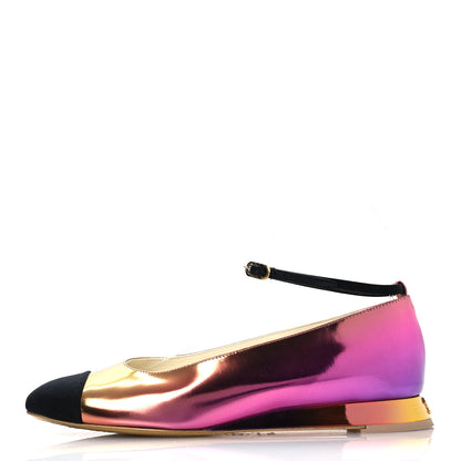 Chanel Laminated Calfskin Grosgrain Cap Toe CC Flats 36.5 Pink Orange Yellow Black 1 of 12