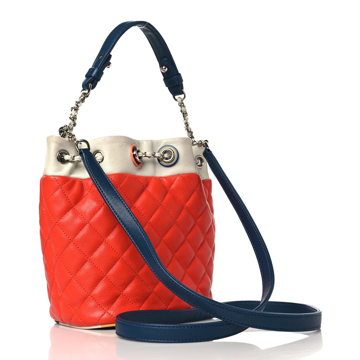 Lambskin Quilted Cuba Drawstring Tote Red White Blue