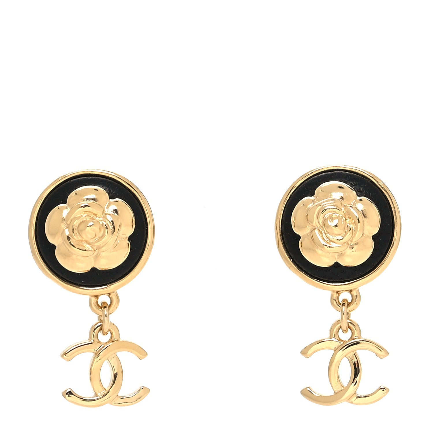 Chanel Metal Lambskin Camellia CC Drop Earrings Gold Black 1 of 4