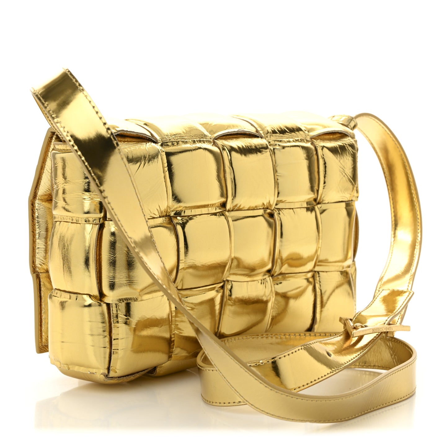 Mirror Lambskin Maxi Intreccio Padded Cassette Crossbody Bag Gold