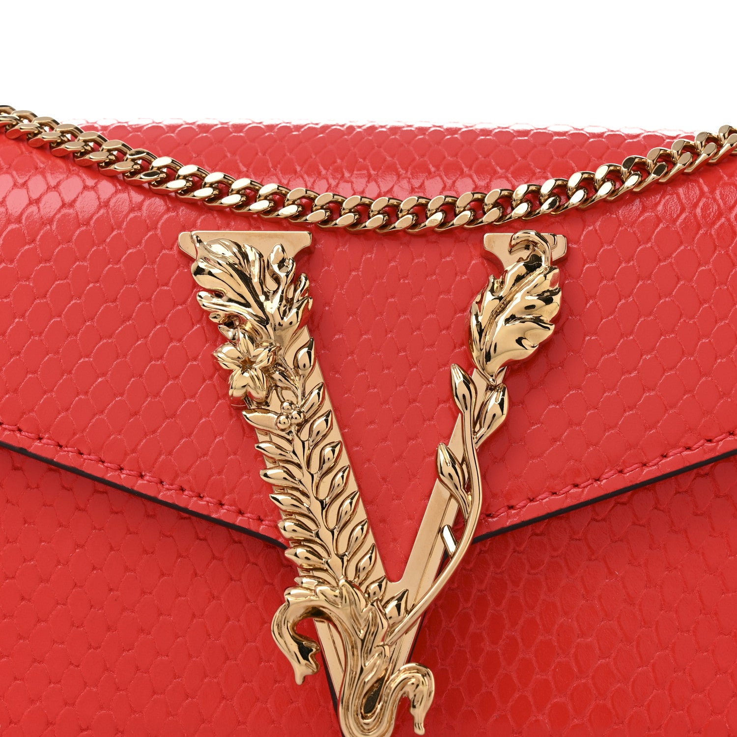 Versace Calfskin Snakeskin Embossed Virtus Mini Chain Crossbody Red 7 of 9