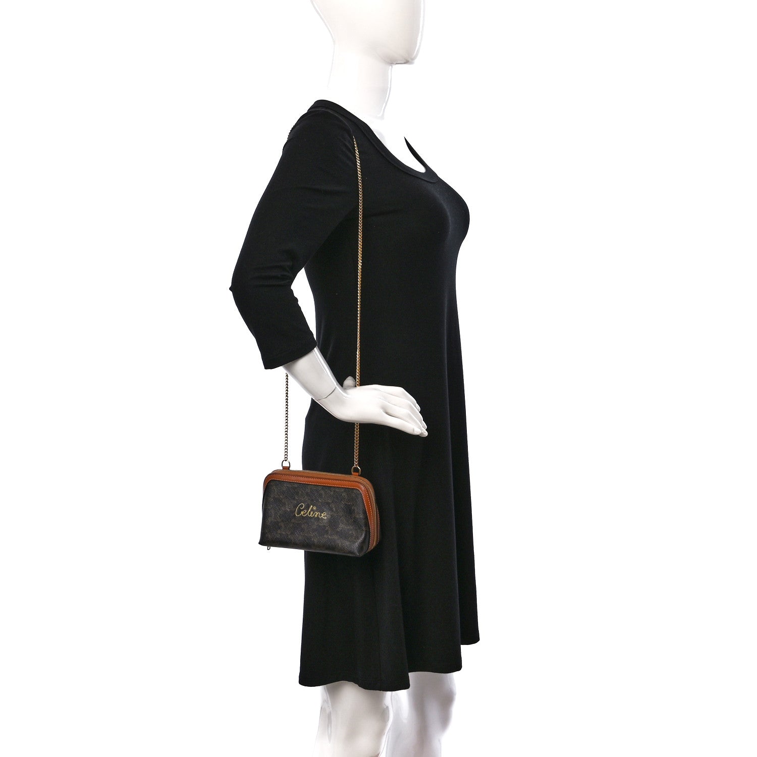Celine Lambskin Triomphe Canvas Embroidered Logo Clutch With Chain Tan 2 of 8
