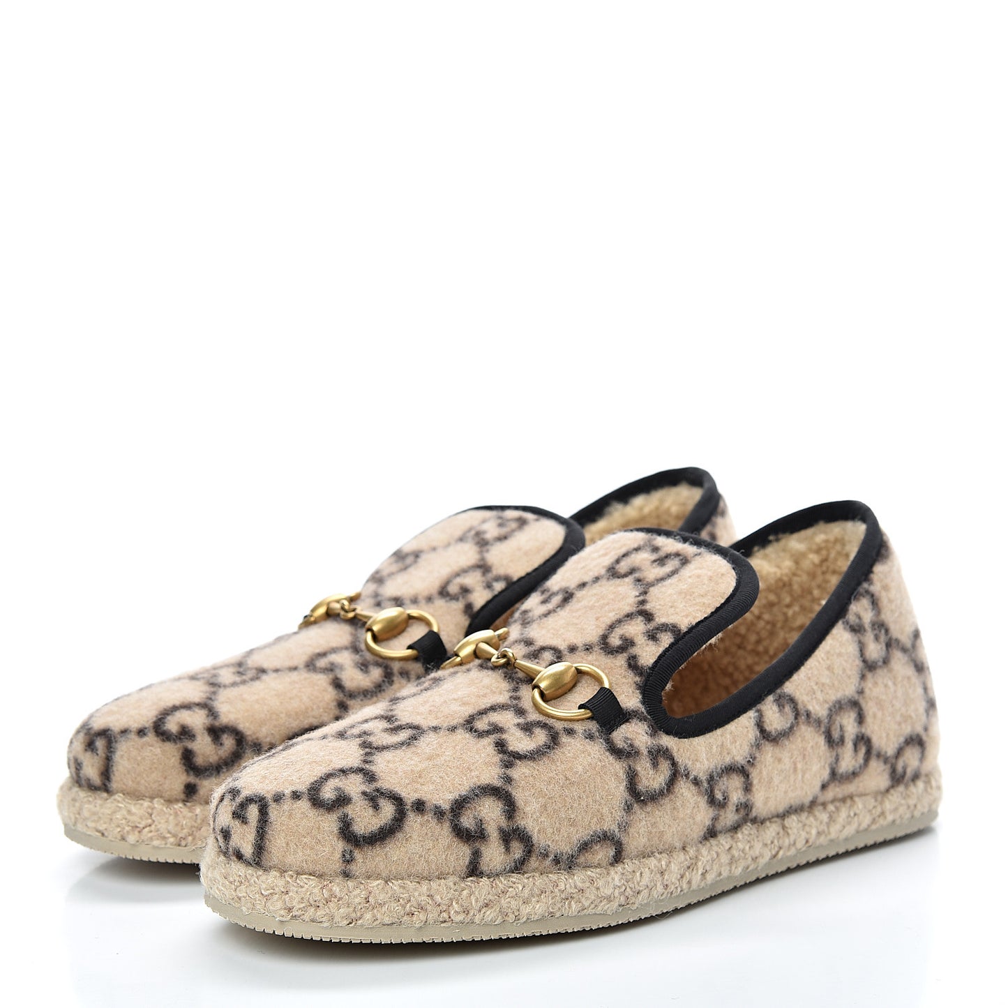 Covered Wool GG Monogram Womens Fria Horsebit Loafers 37 Beige Ebony Black Butterscotch