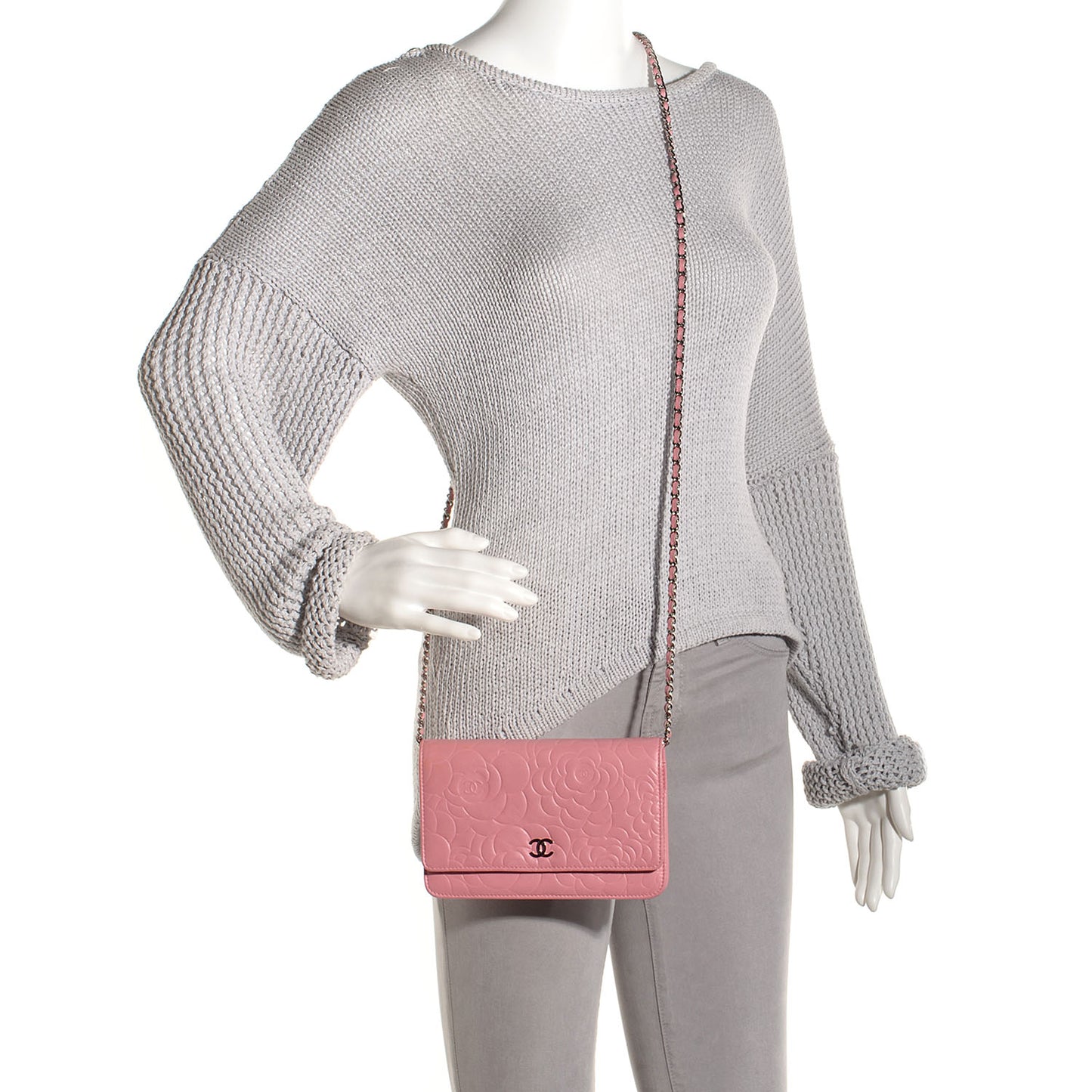 Lambskin Camellia Wallet on Chain WOC Pink