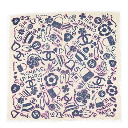 Chanel Silk Icons Scarf Shawl Beige Purple 1 of 9
