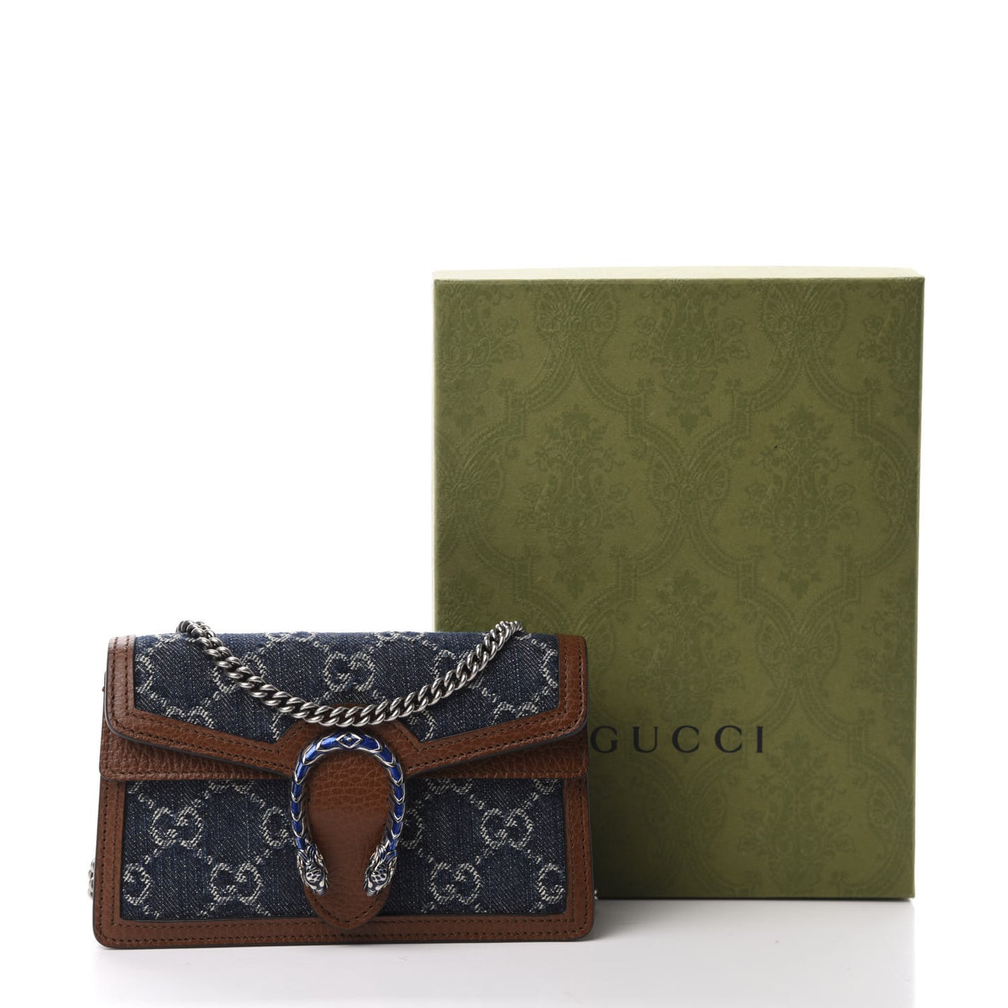 New Denim GG Monogram Dollar Calfskin Enamel Super Mini Dionysus Shoulder Bag Blue Tea Cuir Epilog Electric Blue