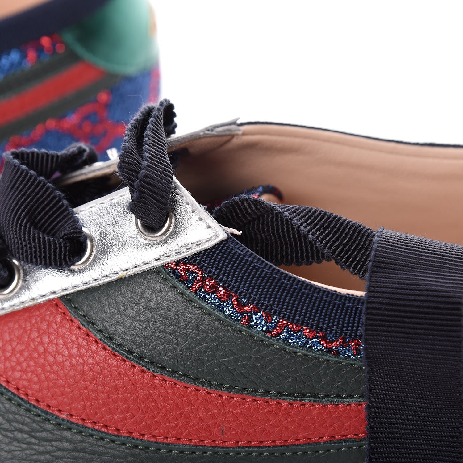 Gucci Lurex Calfskin Web GG Monogram Womens Falacer Sneakers 38.5 Iridescent Blue Iridescent Red Silver 9 of 14