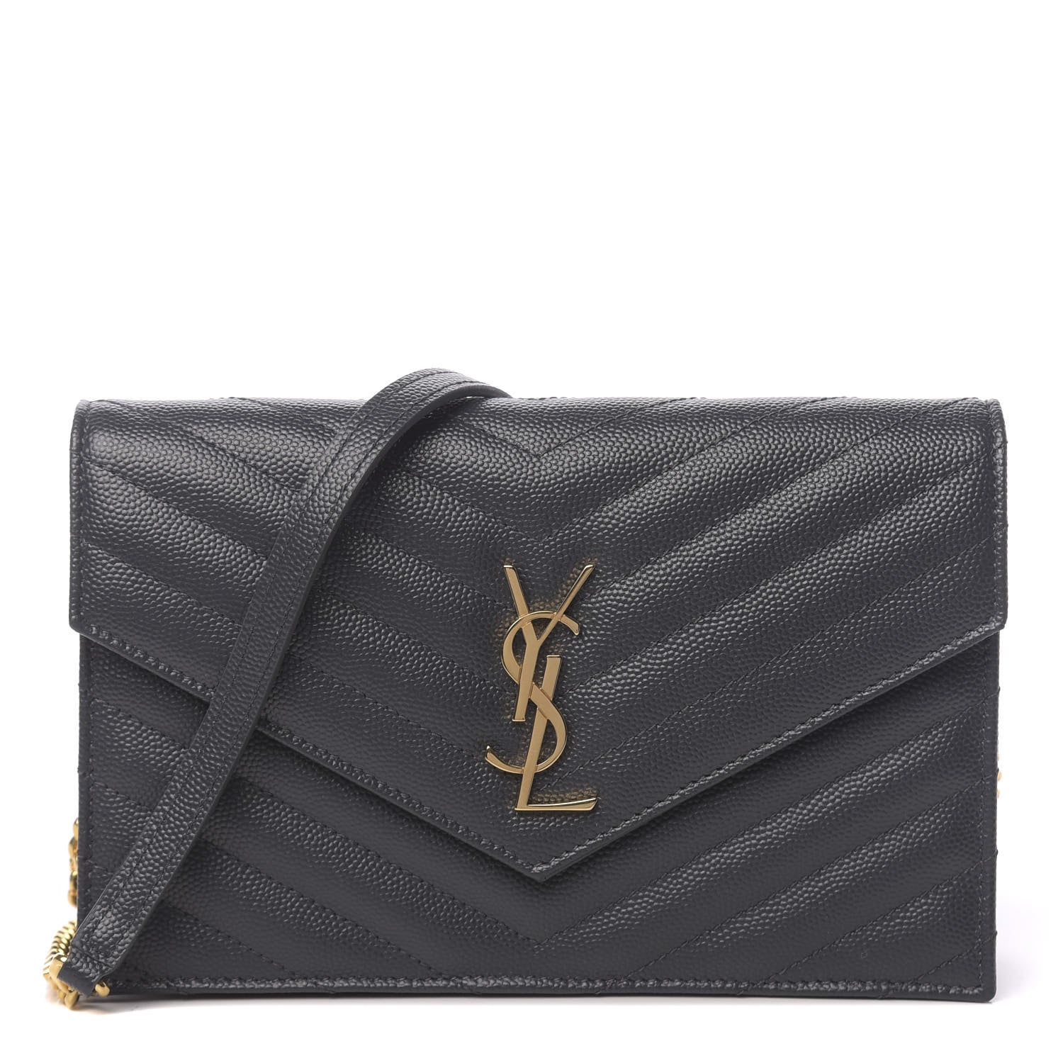 Saint Laurent Grain De Poudre Matelasse Chevron Monogram Envelope Chain Wallet Dark Smog 1 of 12