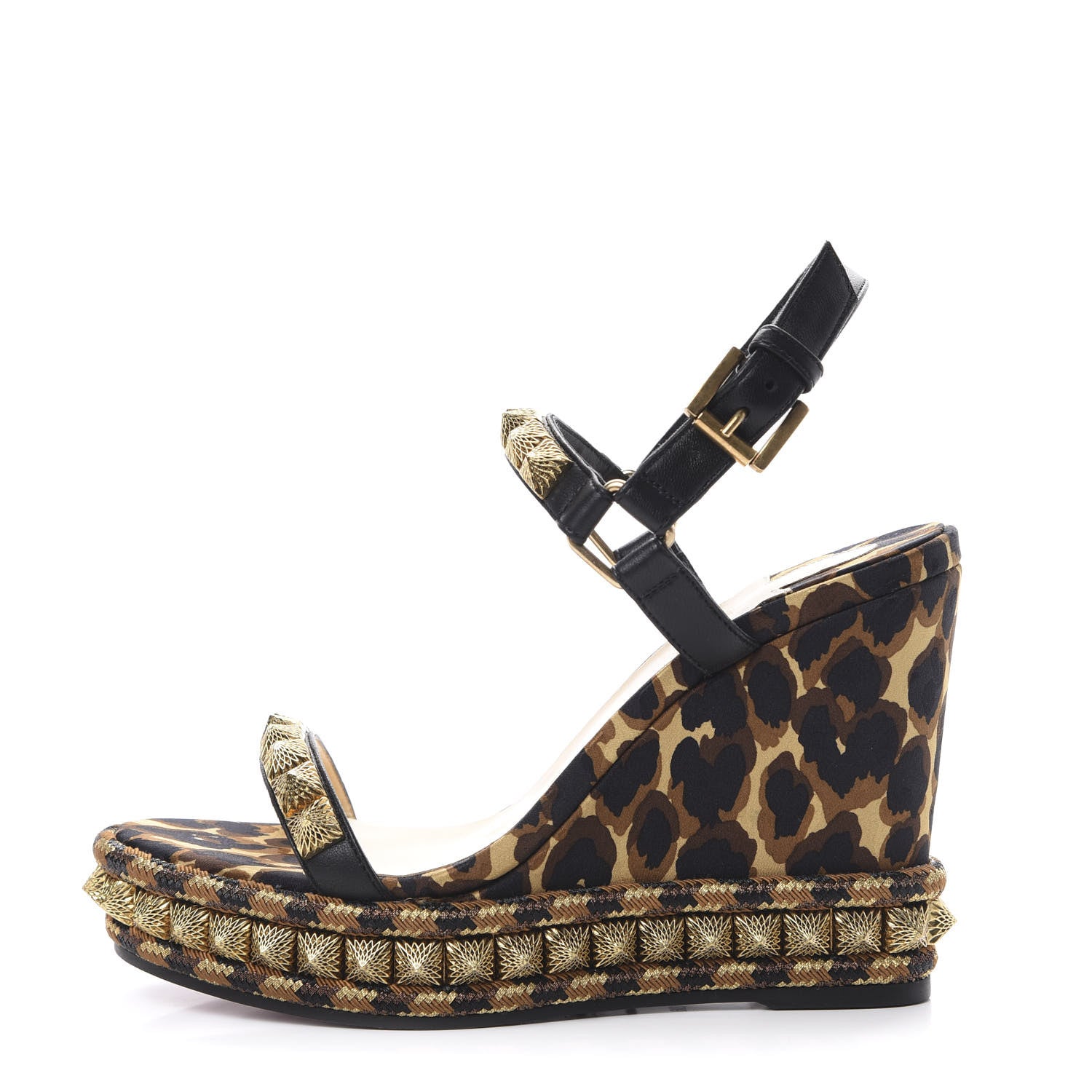 Christian Louboutin Nappa Silk Leopard Pira Ryad 110 Wedge Sandals 36 Black Marron 1 of 9