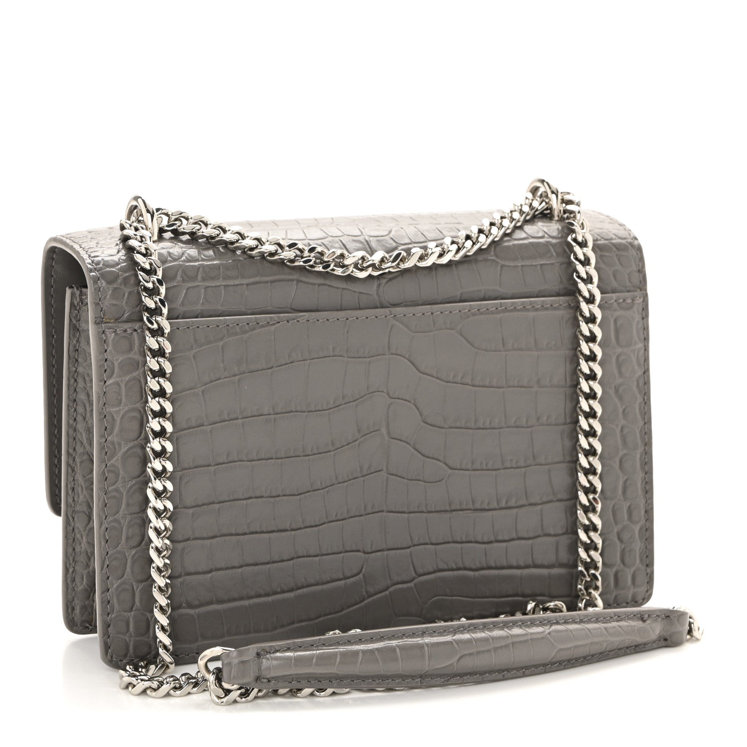 Saint Laurent Calfskin Crocodile Embossed Monogram Sunset Chain Wallet Fog 3 of 14