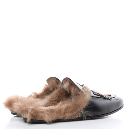 Gucci Calfskin Fur Angry Cat Embroidered Mens Princetown Slippers 7 Black 4 of 9