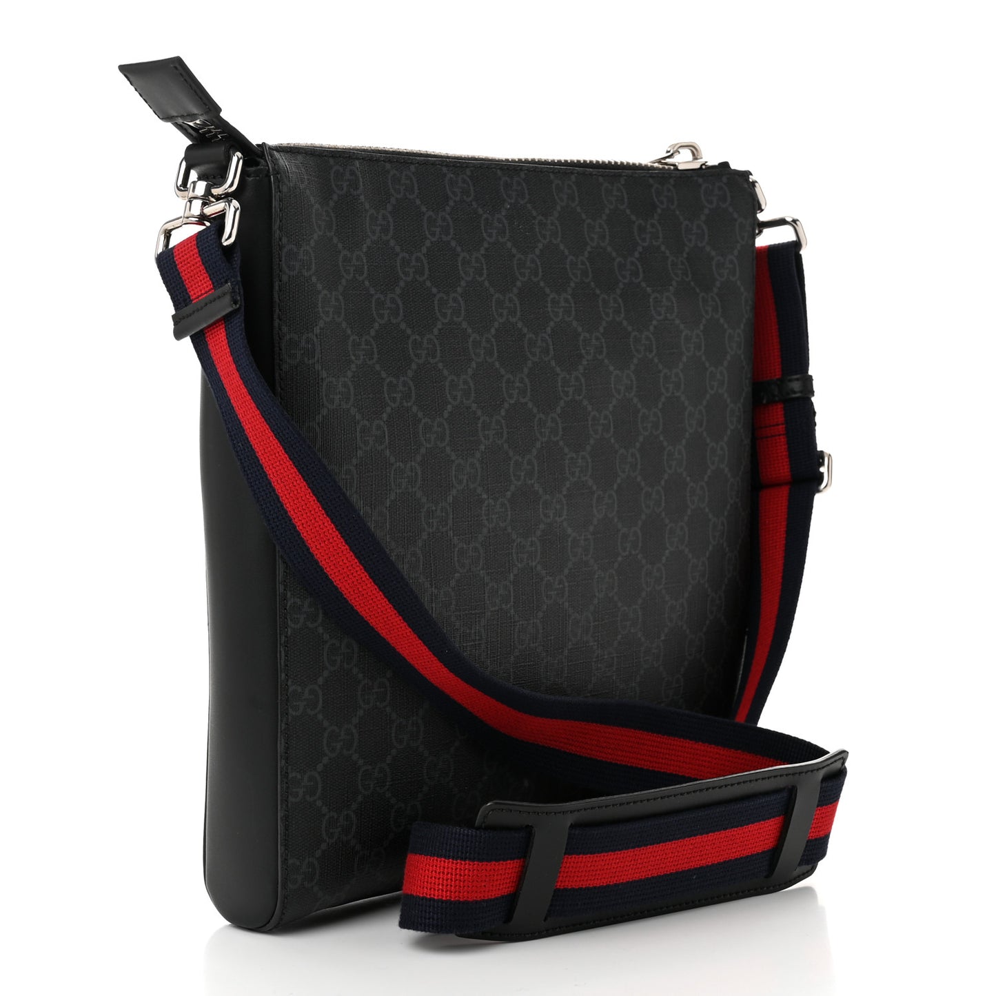 GG Supreme Monogram Appia Calfskin Web Flat Messenger Bag Black Grey