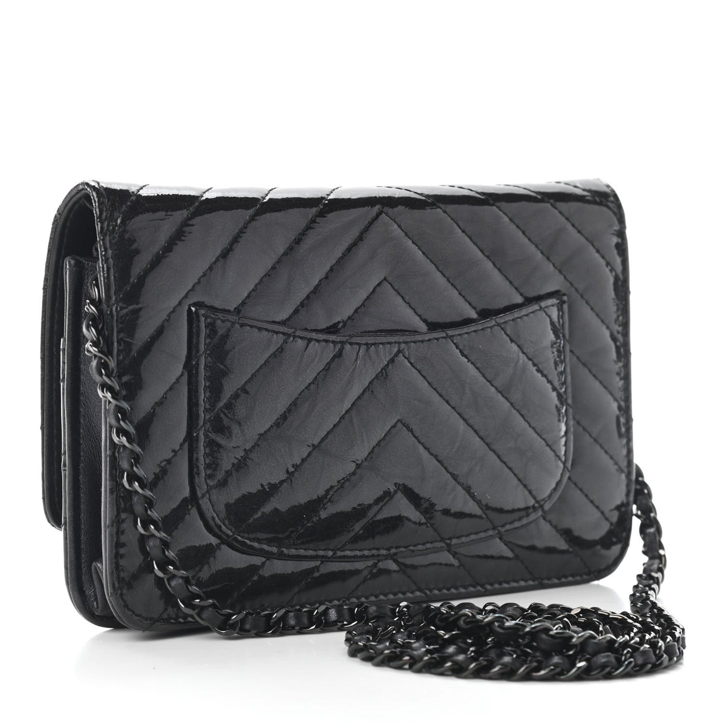 Patent Metallic Crumpled Calfskin Chevron Quilted Wallet On Chain WOC Black