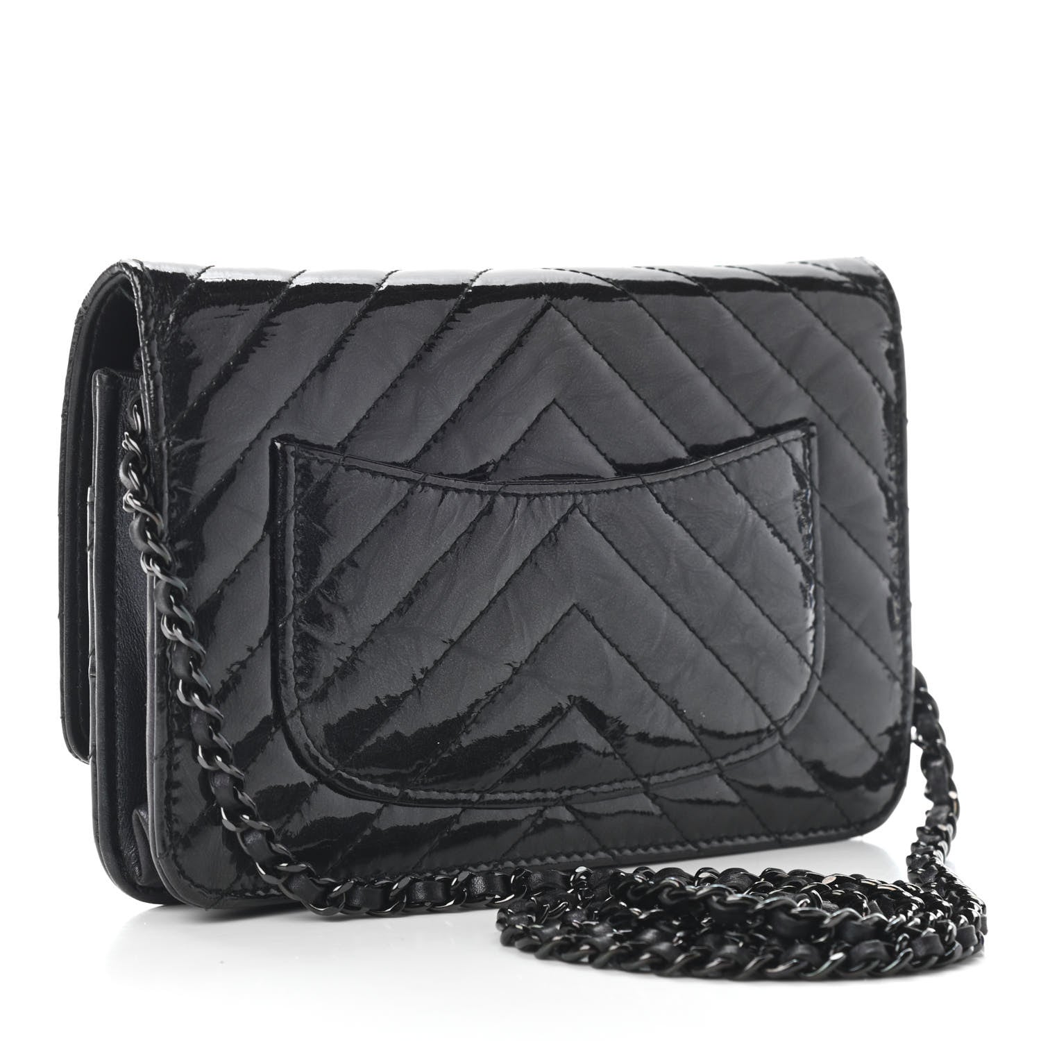 Chanel Patent Metallic Crumpled Calfskin Chevron Quilted Wallet On Chain WOC Black 3 of 10