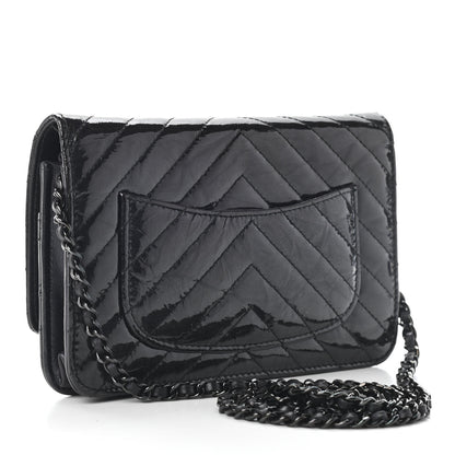 Chanel Patent Metallic Crumpled Calfskin Chevron Quilted Wallet On Chain WOC Black 3 of 10