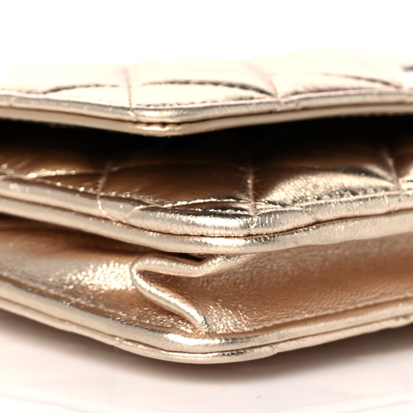 Metallic Lambskin Quilted Wallet On Chain WOC Gold Black