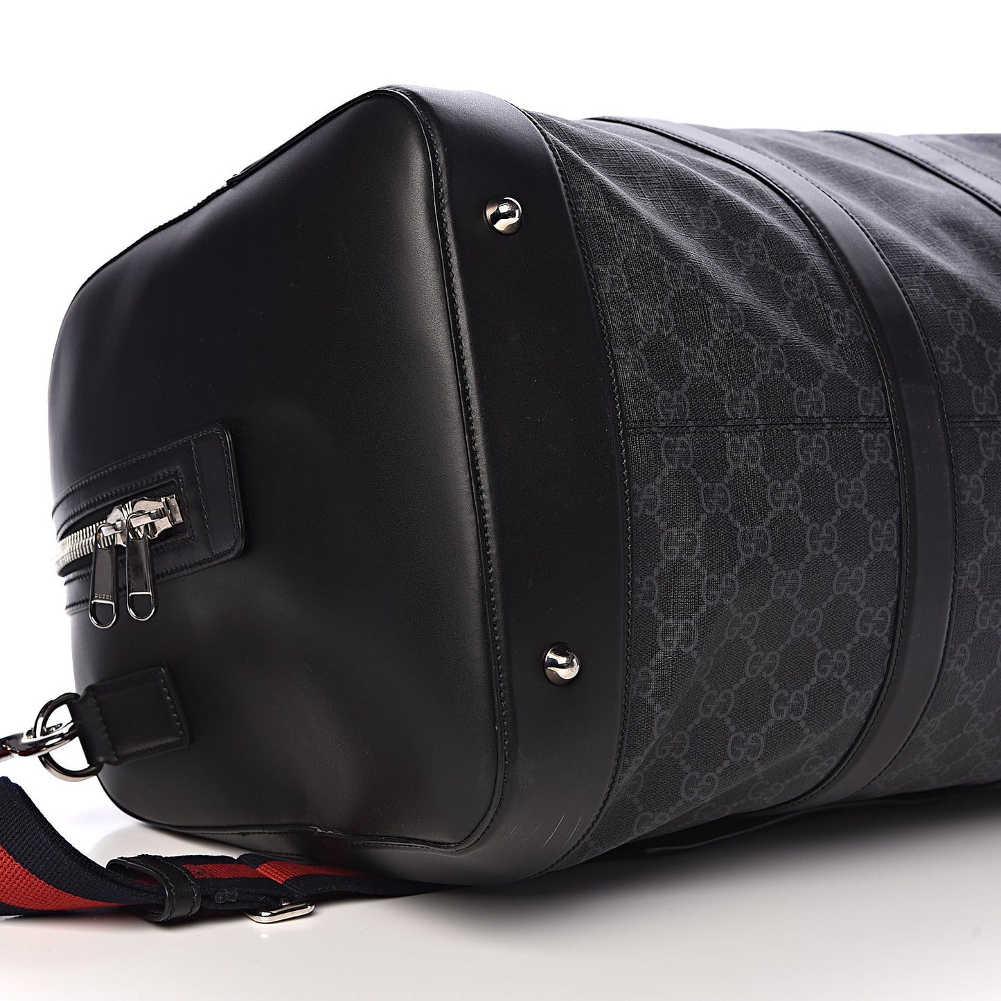 Soft GG Supreme Monogram Appia Calfskin Web Large Carry On Duffle Bag Black Grey