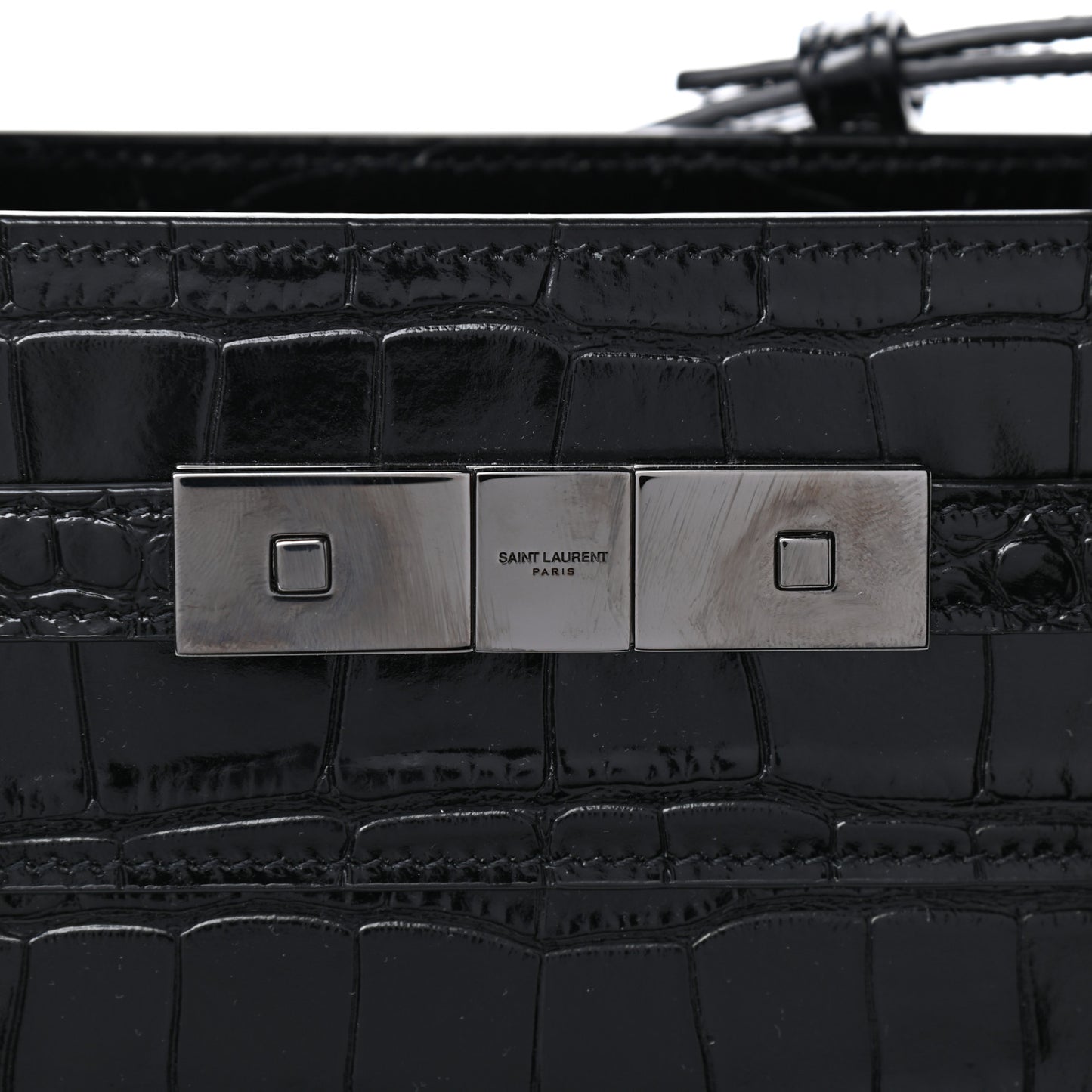 Shiny Calfskin Crocodile Embossed Small Manhattan Shopper Tote Black