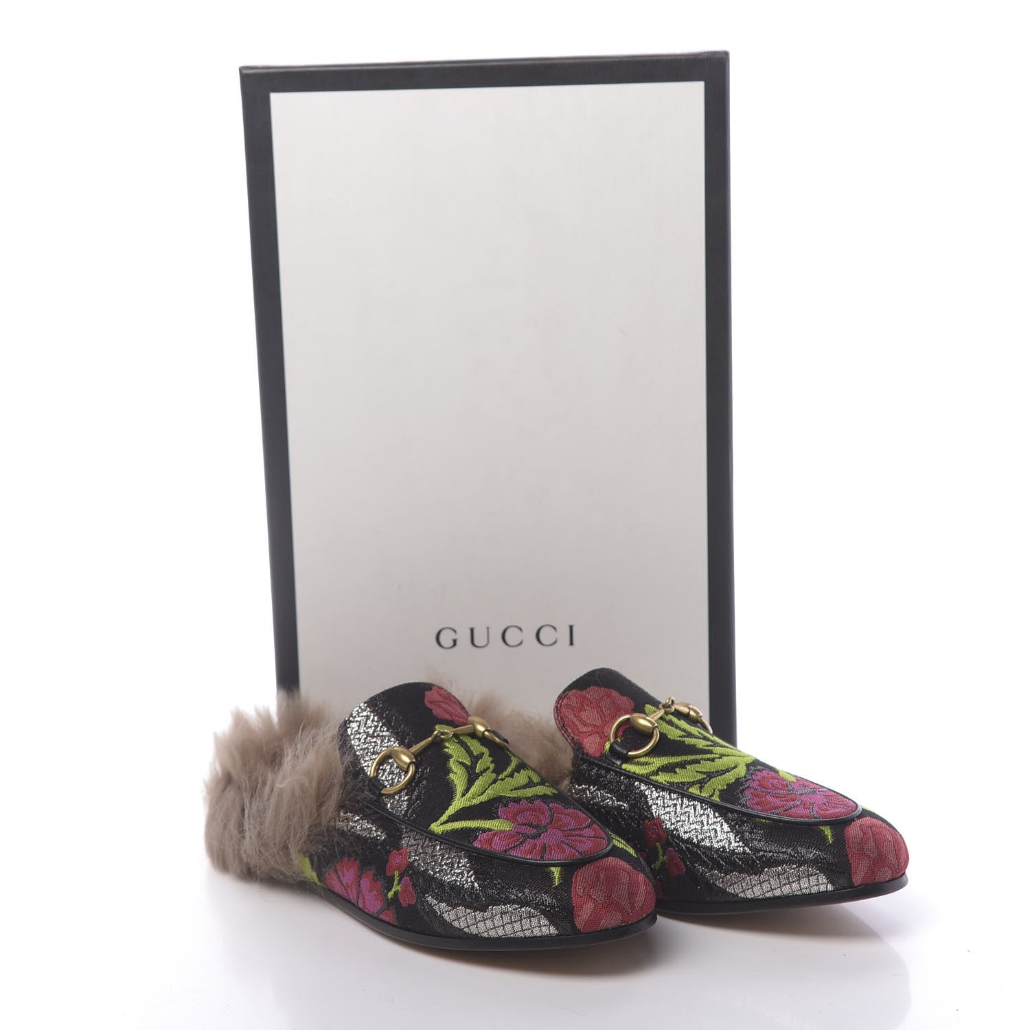 Gucci Brocade Fur Floral Womens Princetown Slippers 35 Black Anthracite 8 of 8