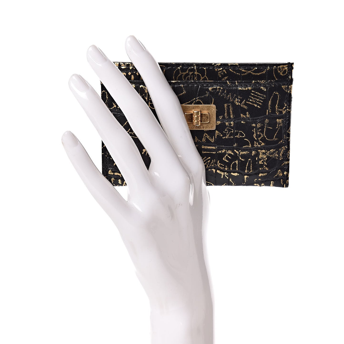 Calfskin Crocodile Embossed Graffiti 2.55 Cocodile Reissue Card Holder Black Gold