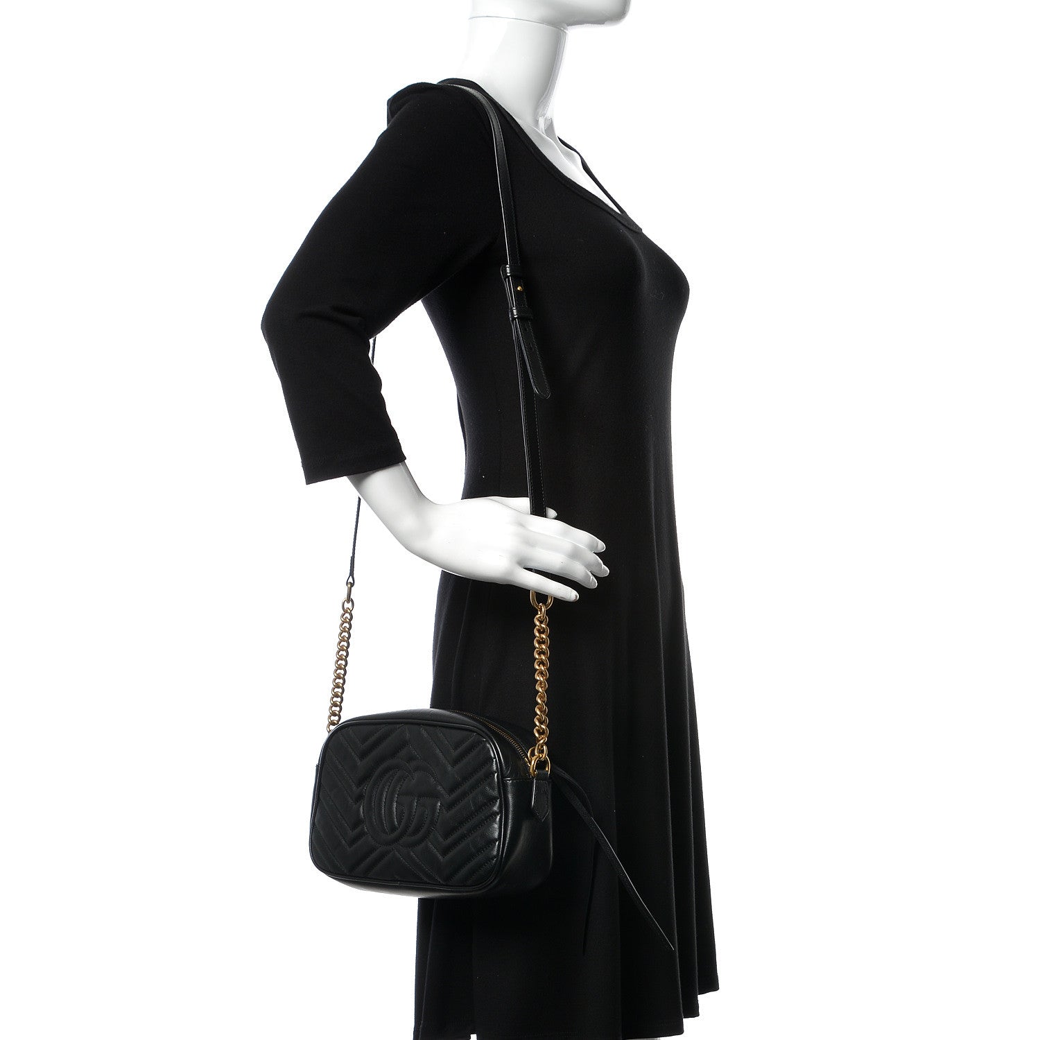 Gucci Calfskin Matelasse Small GG Marmont Chain Shoulder Bag Black 2 of 14