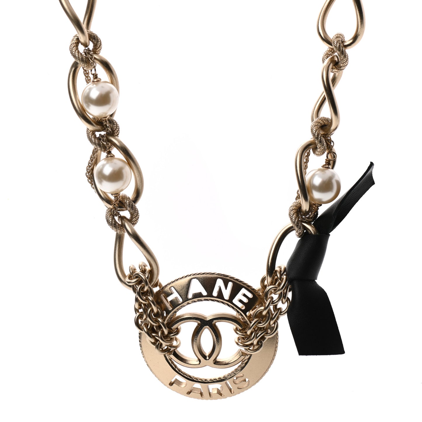 Metal Pearl Chain CC Paris Pendant Necklace Gold