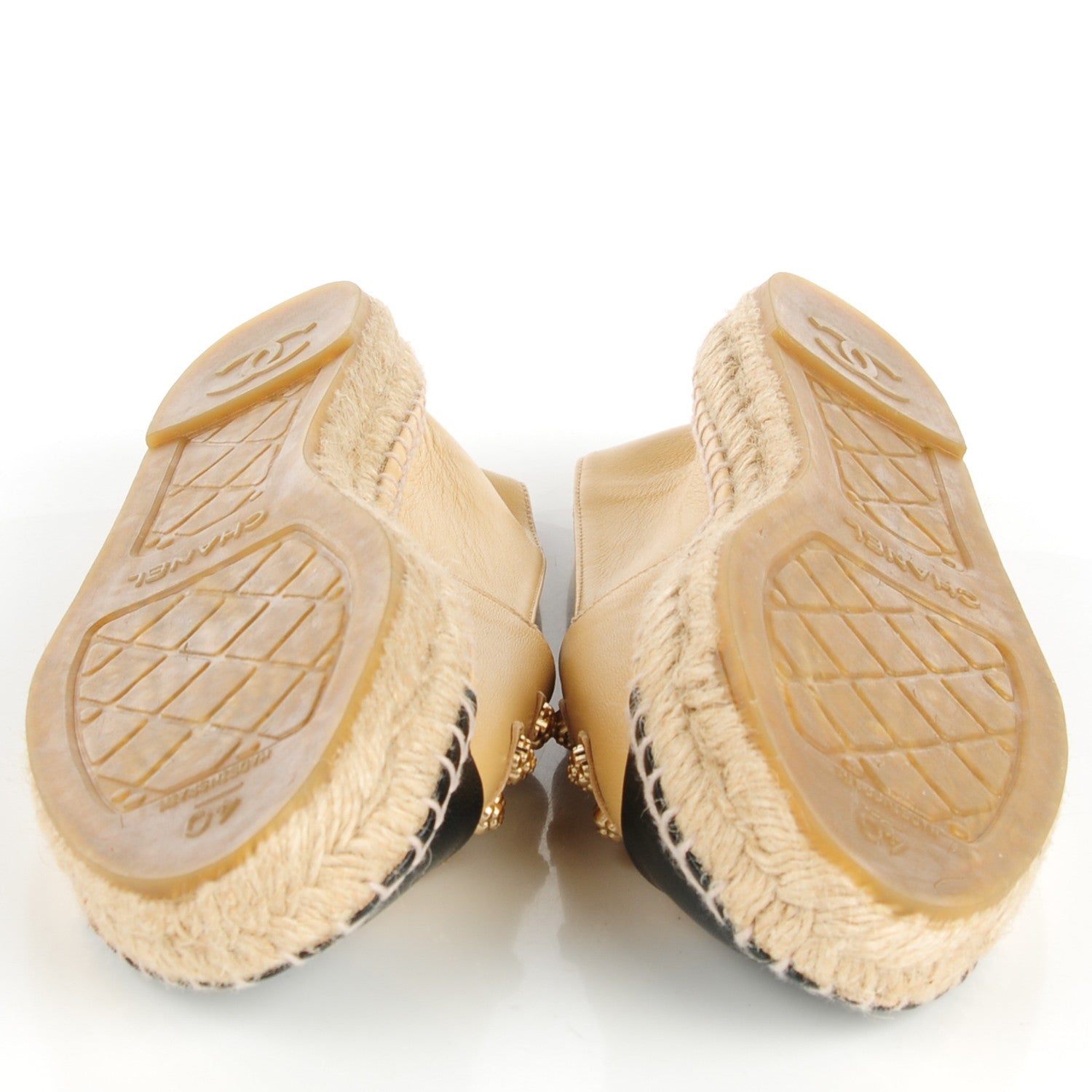 Chanel Lambskin Camellia CC Espadrilles 40 Beige Black 6 of 8