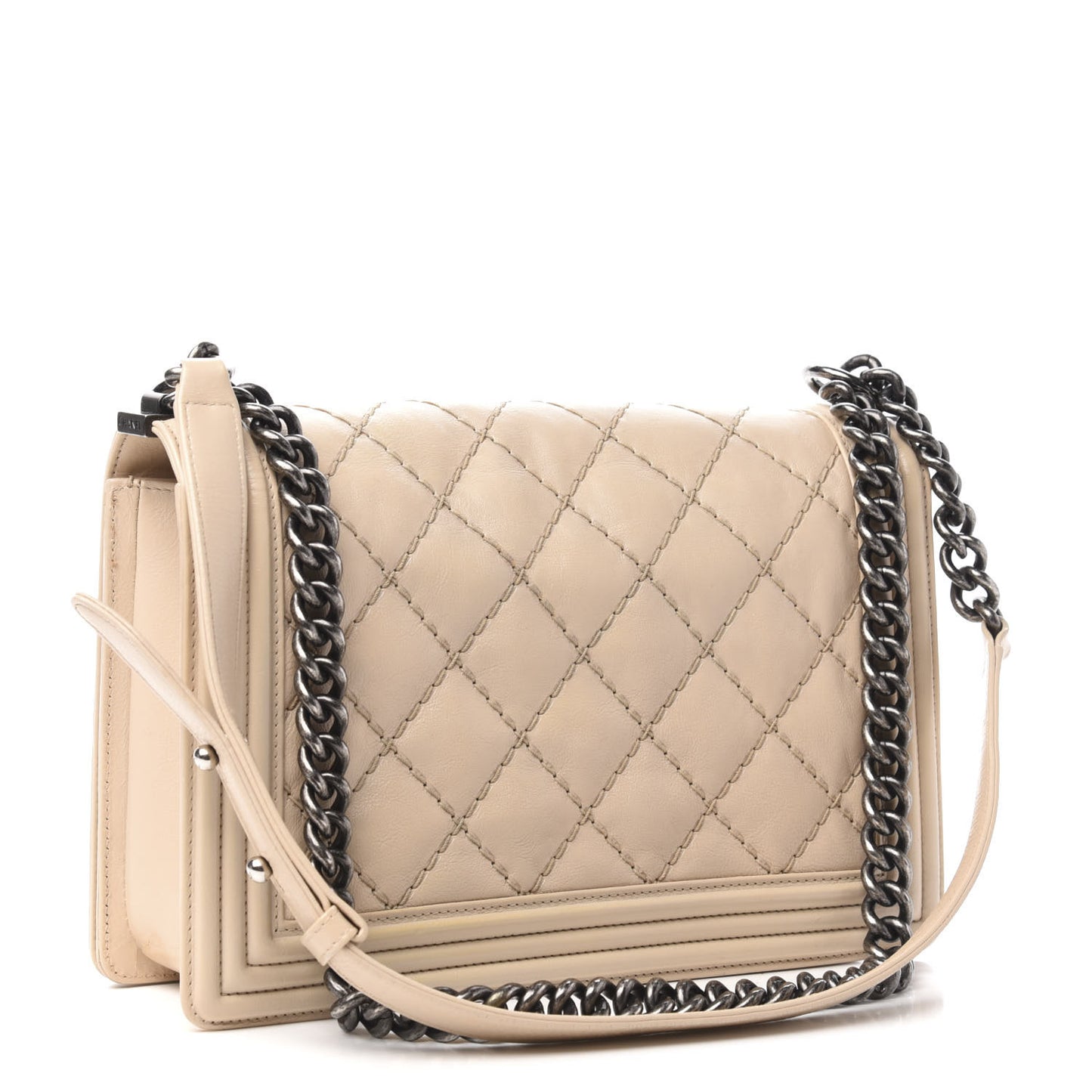 Calfskin Quilted Double Stitch New Medium Boy Flap Beige