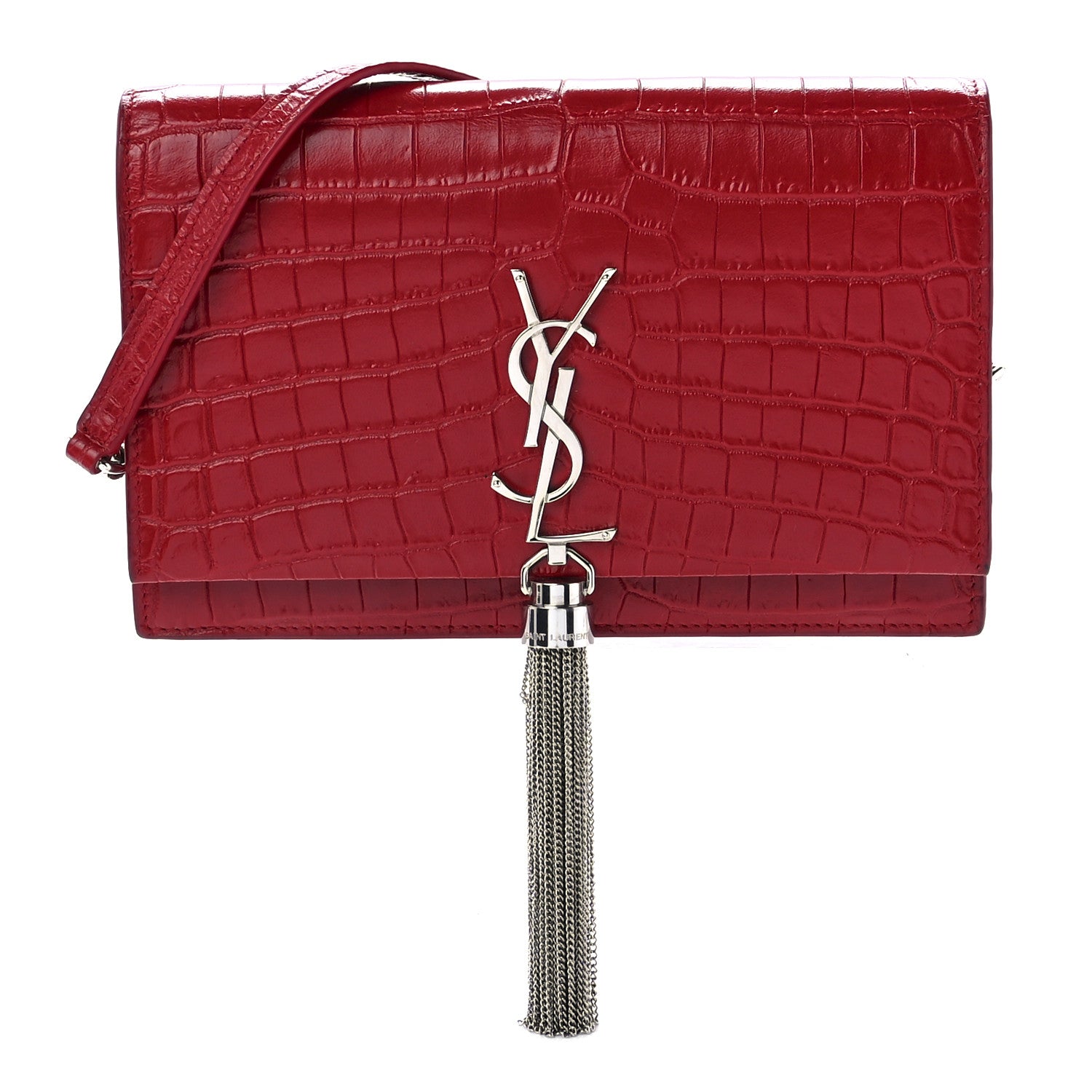 Saint Laurent Calfskin Crocodile Embossed Kate Monogram Tassel Chain Wallet Rouge Eros 1 of 10