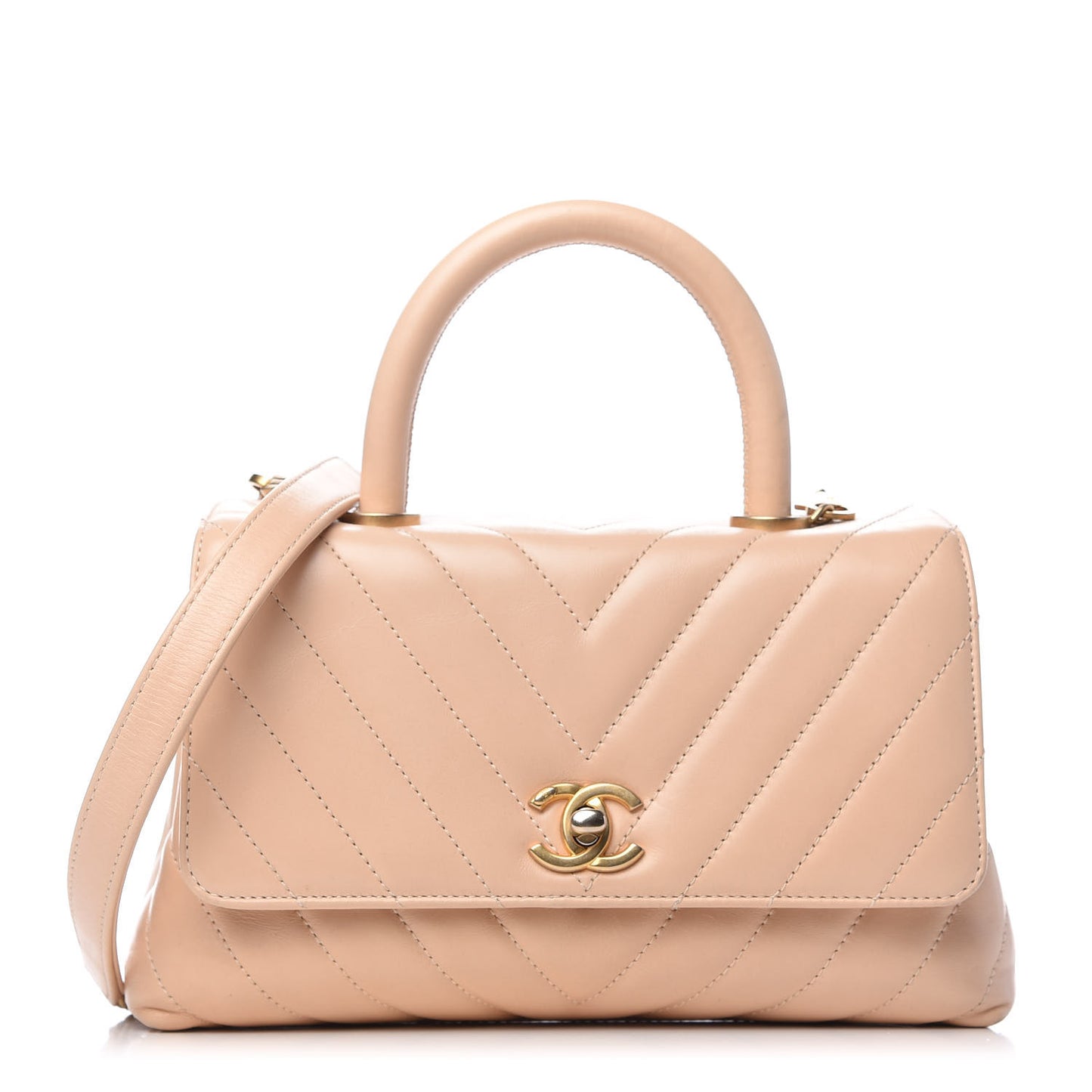 Calfskin Chevron Quilted Mini Coco Handle Flap Beige