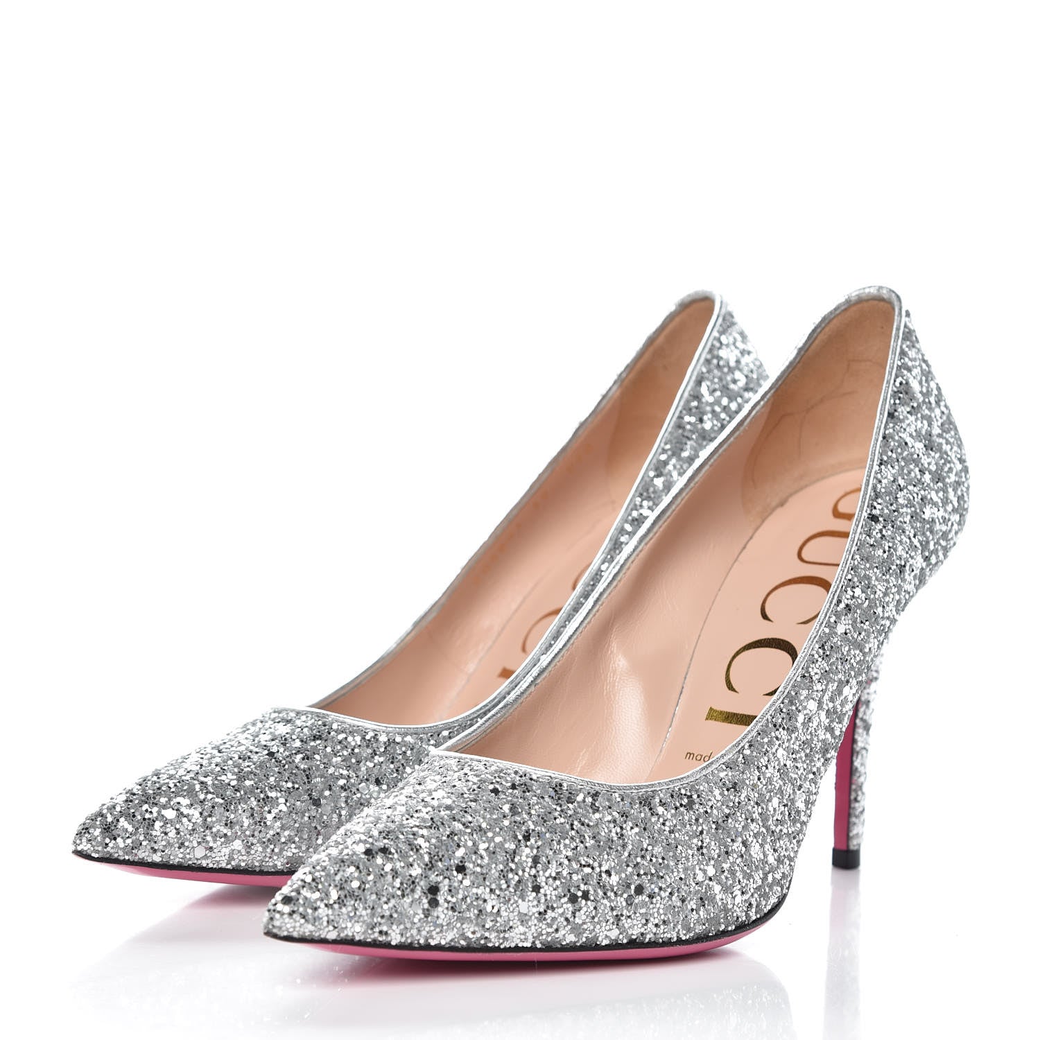 Gucci Nappa Glitter Removable Crystal Heart Pumps 39 Argento 6 of 11