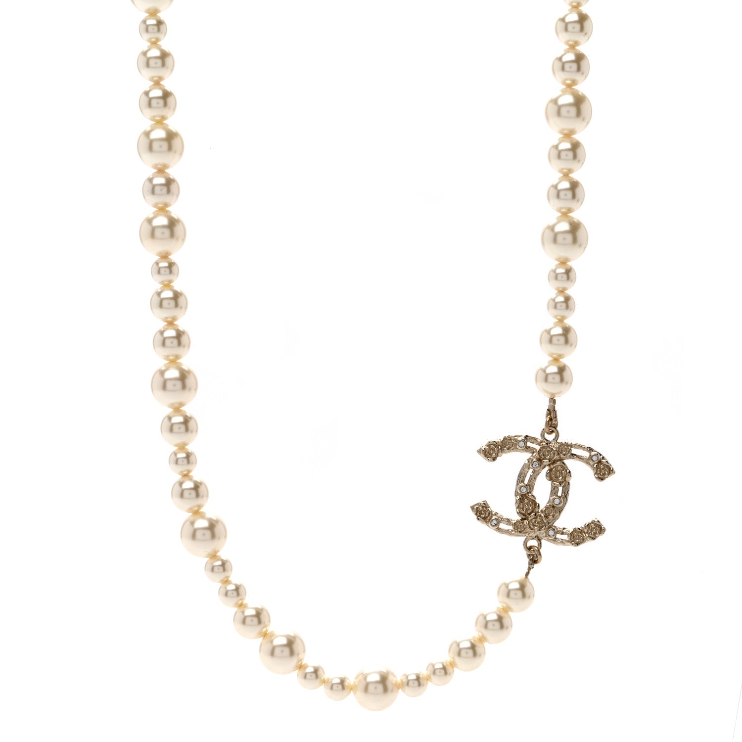 Chanel Pearl Crystal CC Camellia Short Necklace Gold 1 of 4