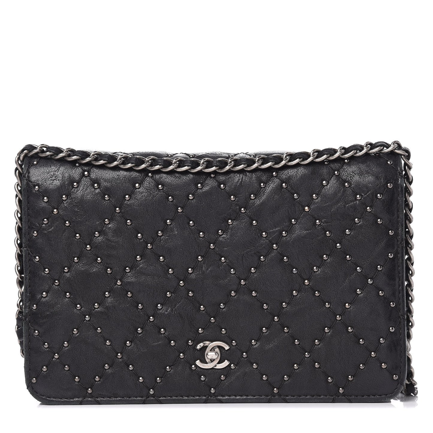 Crumpled Lambskin Studded Paris Dallas Wallet On Chain WOC Black