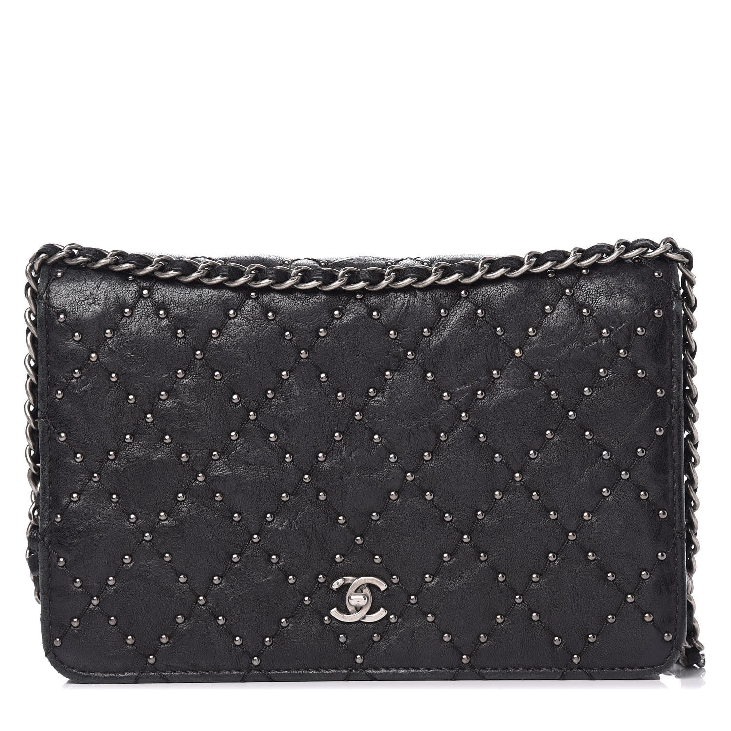 Chanel Crumpled Lambskin Studded Paris Dallas Wallet On Chain WOC Black 1 of 11