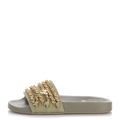 Chanel Lambskin Canvas Chain Flat Sandals 37 Khaki 1 of 8