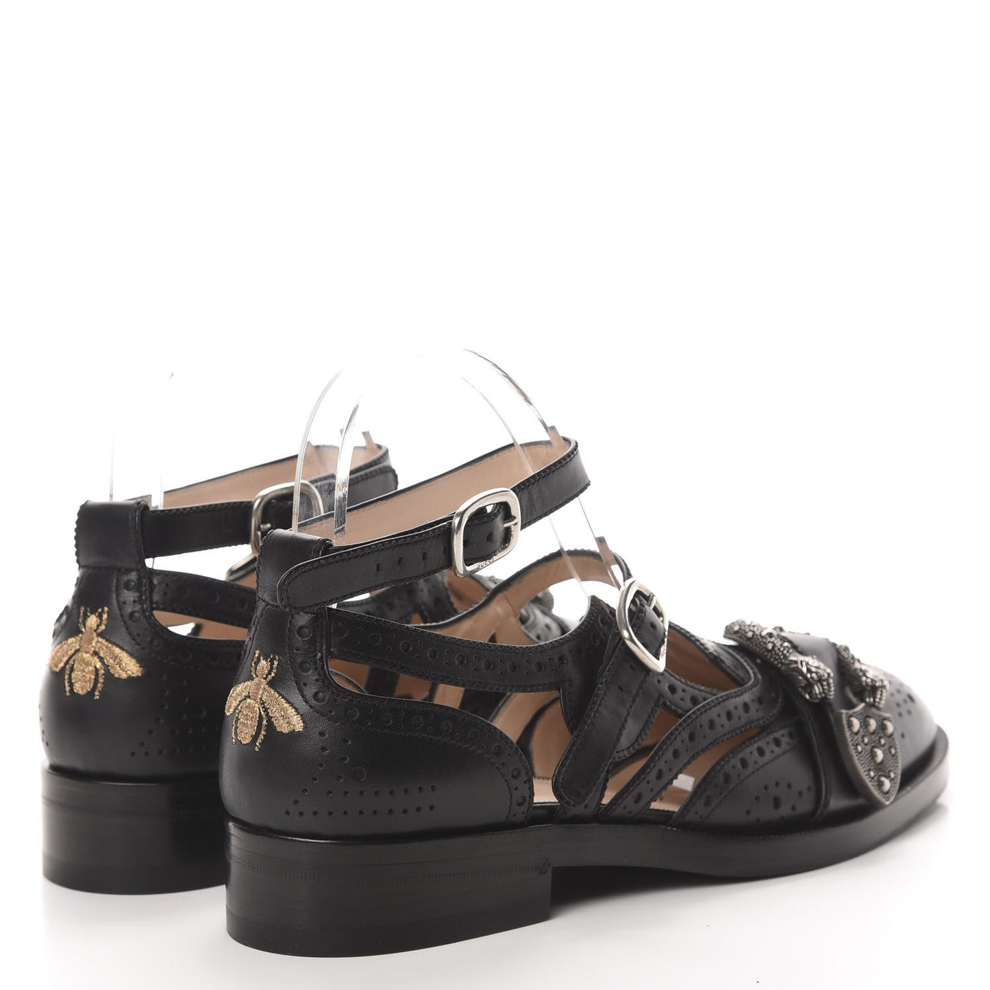 Calfskin Bee Embroidered Womens Queercore Brogue Wingtip Monk Strap Loafers 40 Black