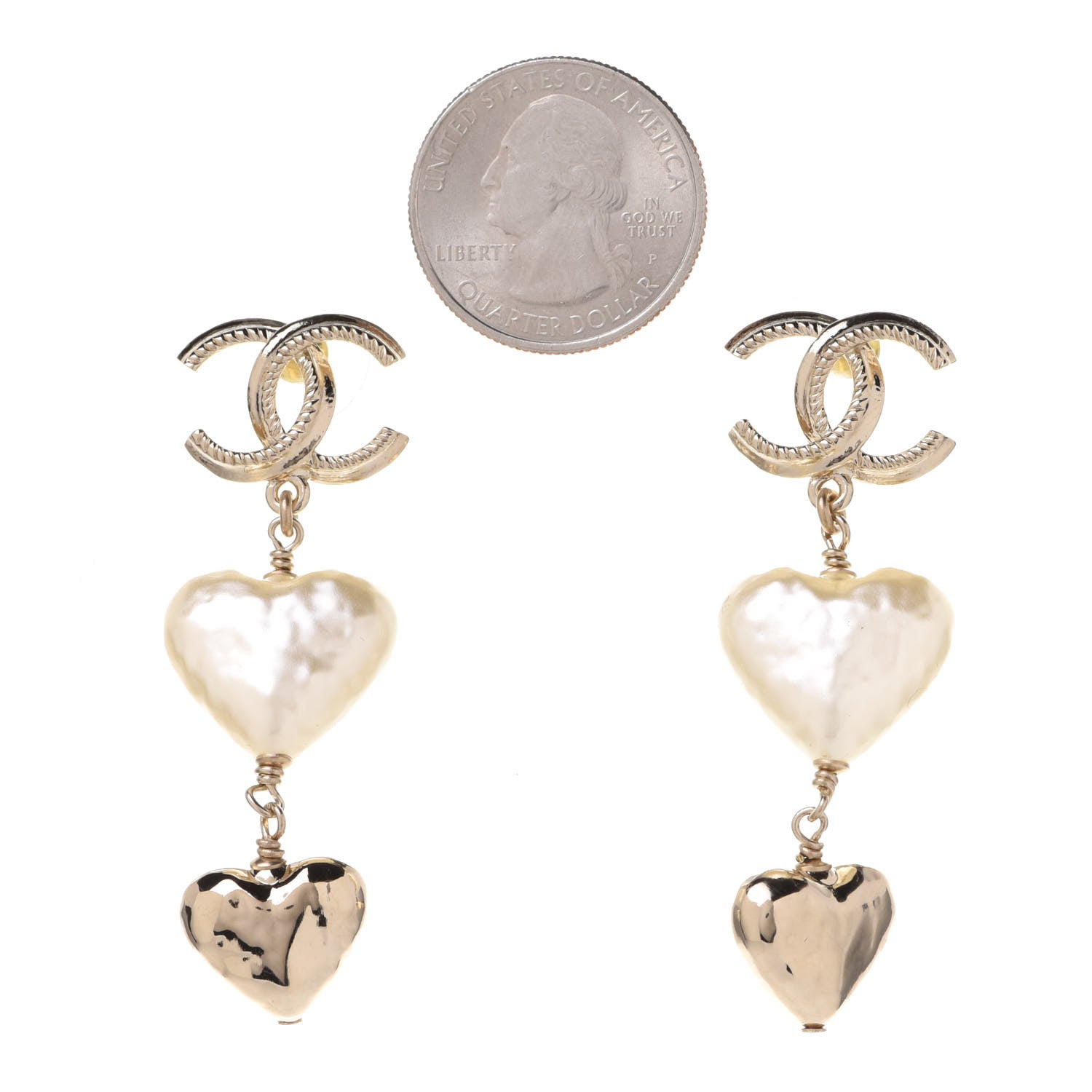 Chanel Pearl CC Double Heart Drop Earrings Gold 2 of 5