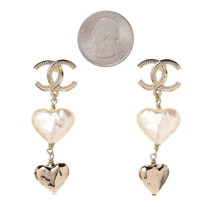 Chanel Pearl CC Double Heart Drop Earrings Gold 2 of 5