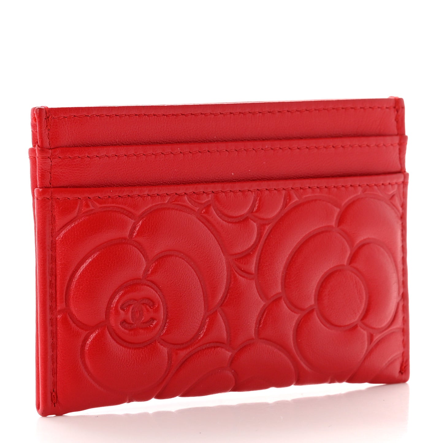 Lambskin Camellia Embossed Card Holder Red