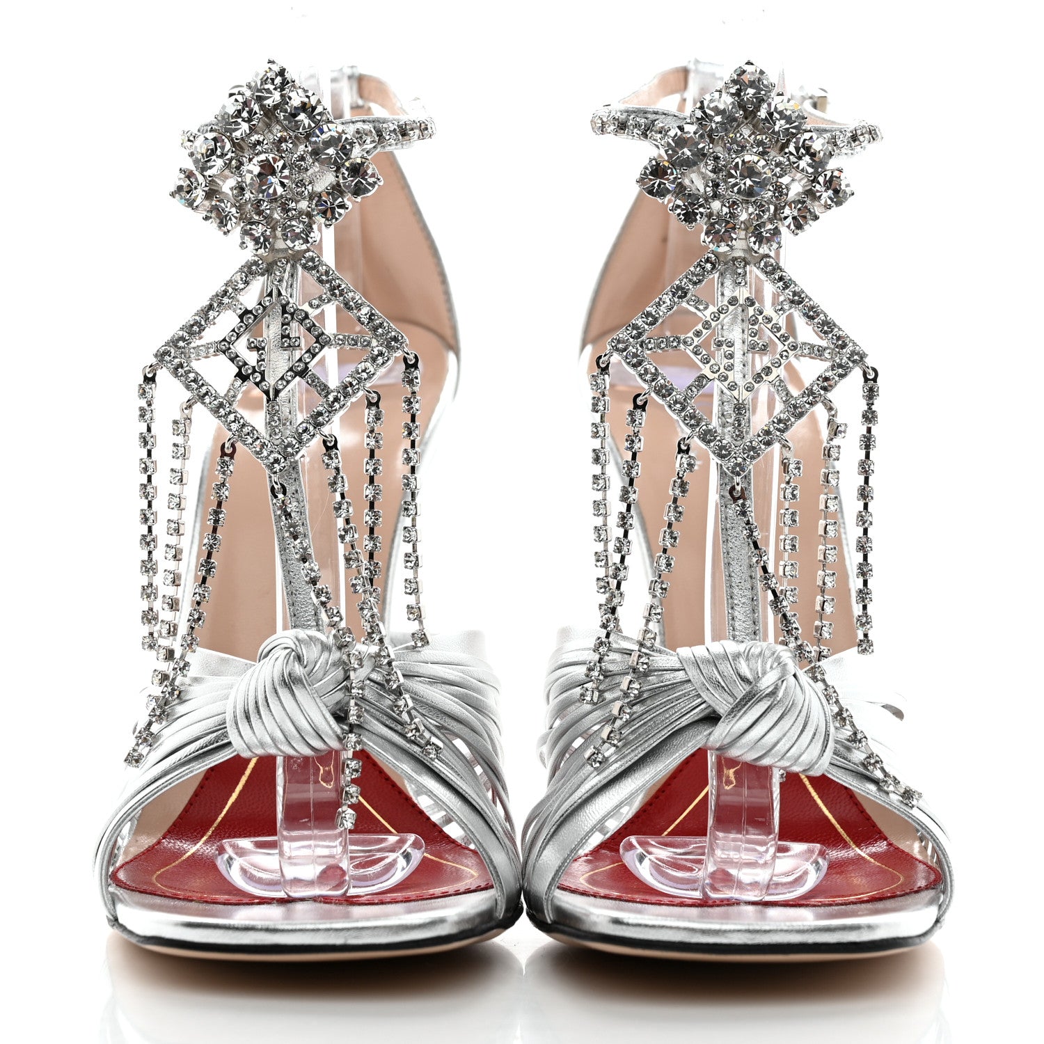 Gucci Metallic Nappa Crystal Crawford Strap High Heel Sandals 37 Silver 2 of 8