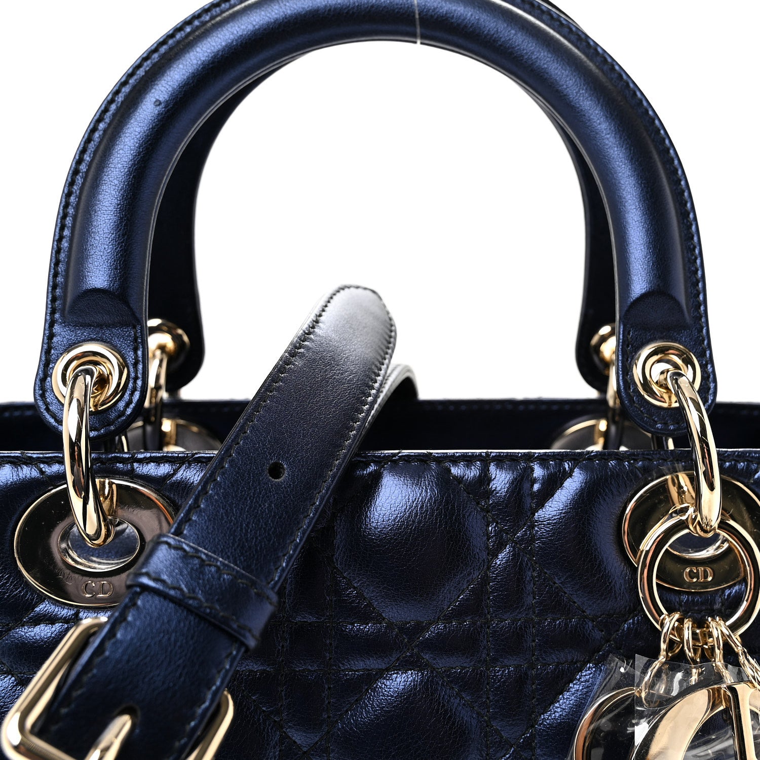 Christian Dior Metallic Calfskin Cannage Medium Lady Dior Blue